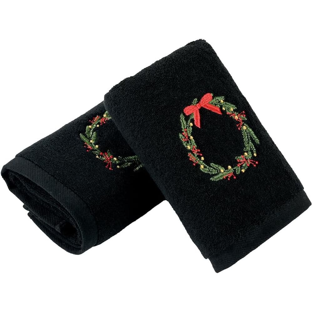 Conjunto de 2 Toalhas de Mão Pretas com Guirlanda de Natal Bordada, Ultra Absorventes, 100% Algodão, Super Macias, Decor