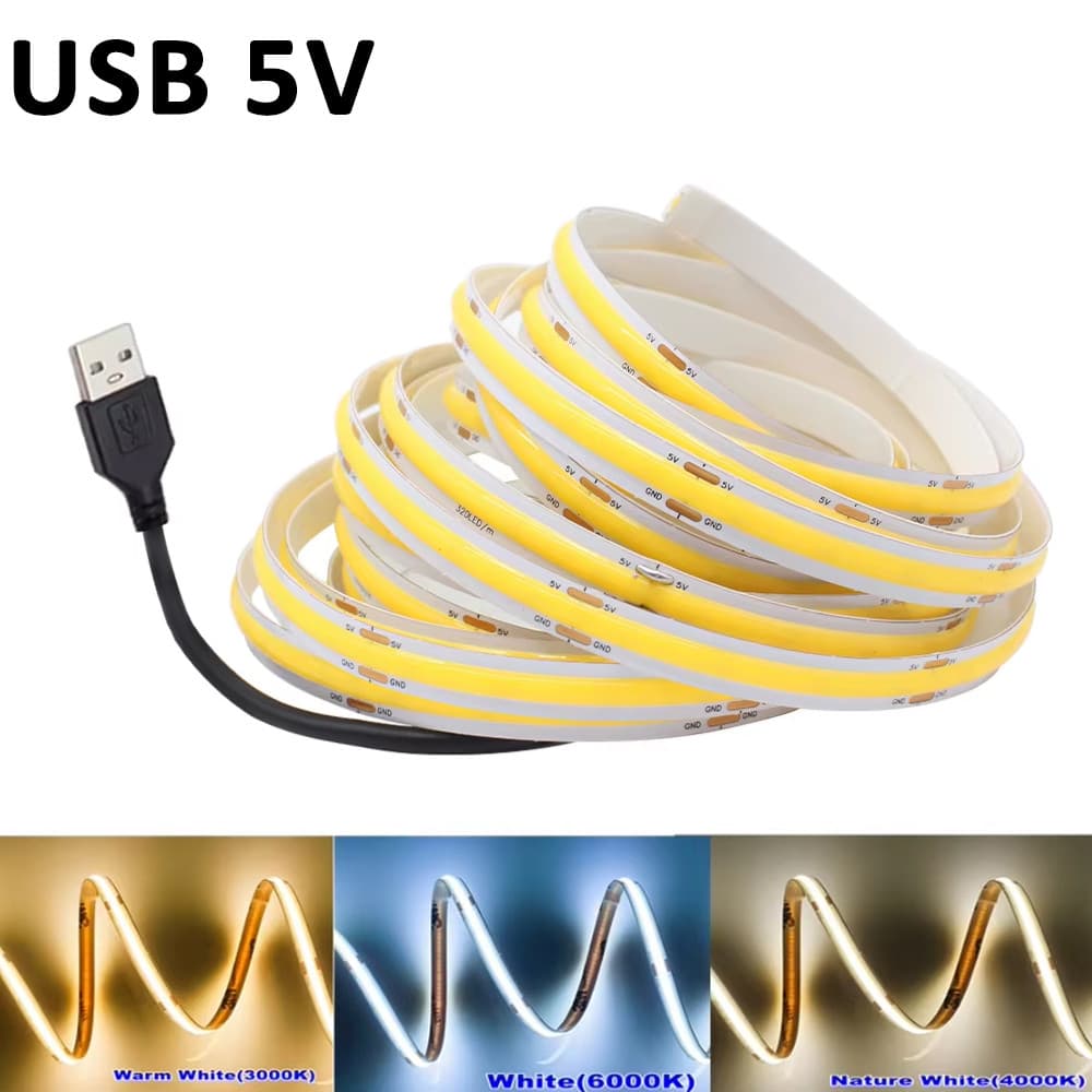 5V USB COB LED Luz De Tira Branco Quente Natural Frio Cinto De Flexível 2pin 8mm Para Quarto Sala Estar Decoração Casa