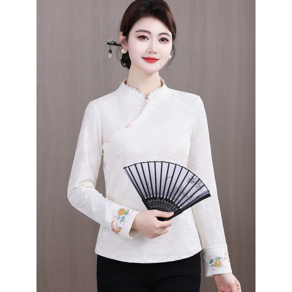 Primavera novo estilo senhoras camisa de fundo novo estilo chinês gola alta gola de renda estiramento Jacquard manga com