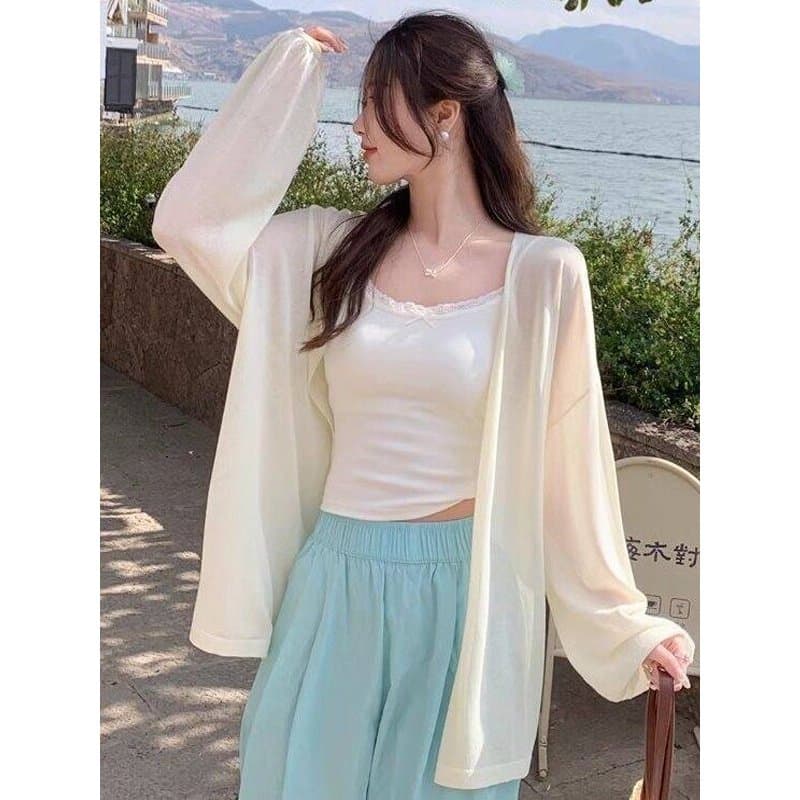 Cardigan de manga comprida de seda gelo com estilingue pequena blusa externa Yunnan Wear verão moda Casual protetor sola