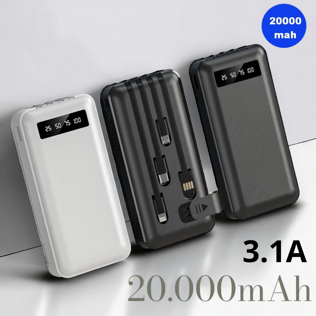 Carregador Power Bank Portátil 20000mah Universal Saida 4 Cabos para iPhone, Samsung e Android