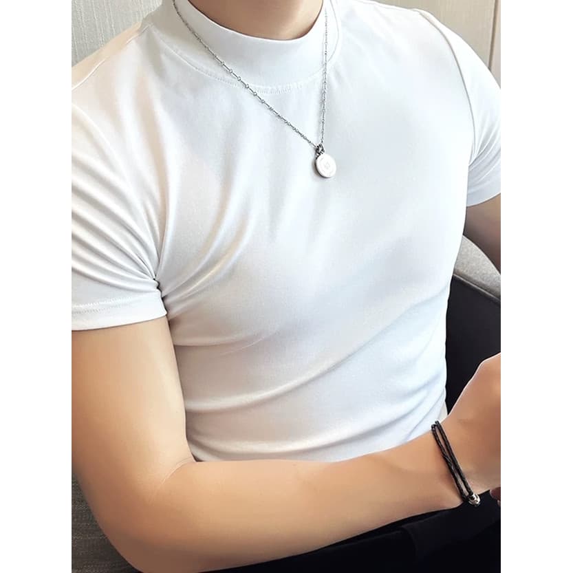 Meia gola alta mercerizado gelo oxigênio algodão camiseta masculina Modal magro três pontos de manga curta legal fino de