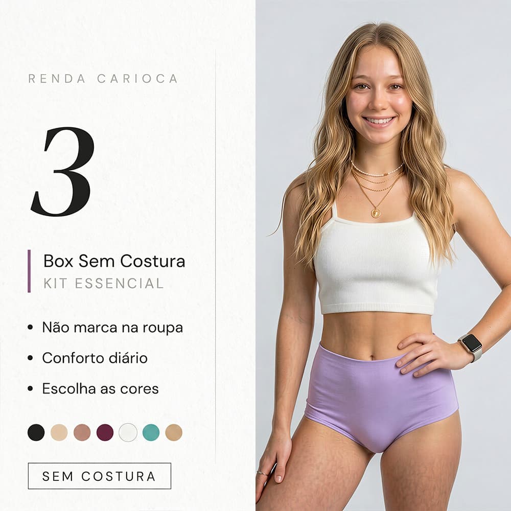 Kit 3 Calcinha Cós Alto Sem Costura Box Feminina Invisível Corte a Laser