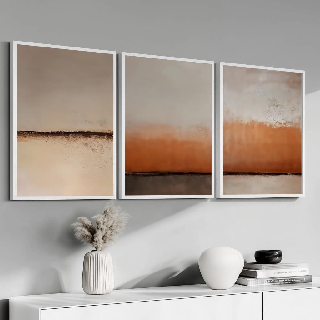 Conjunto 3 Quadros Decoração Tons Terracota Moldura 40x60 Sala Luxo Grande