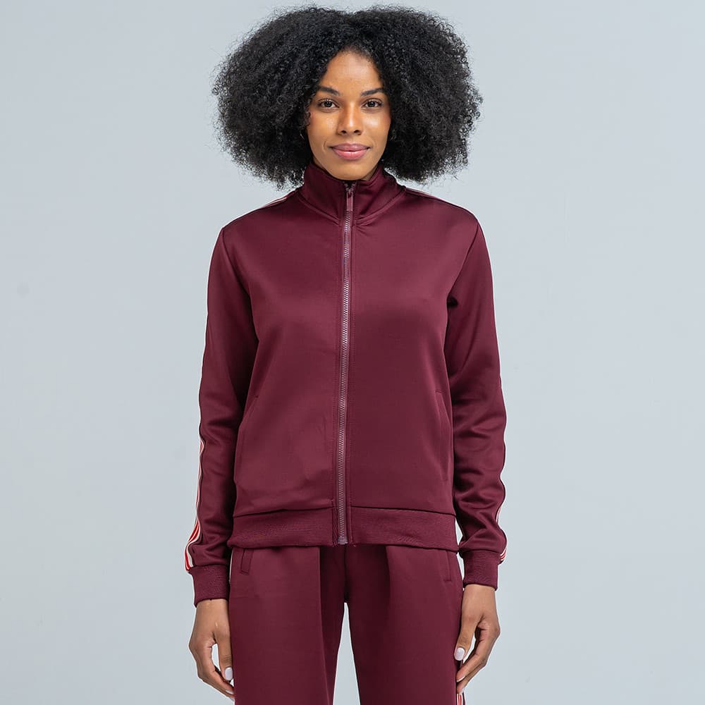 Jaqueta Track Jacket Feminina Listras Vermelhas Retrô Bordô