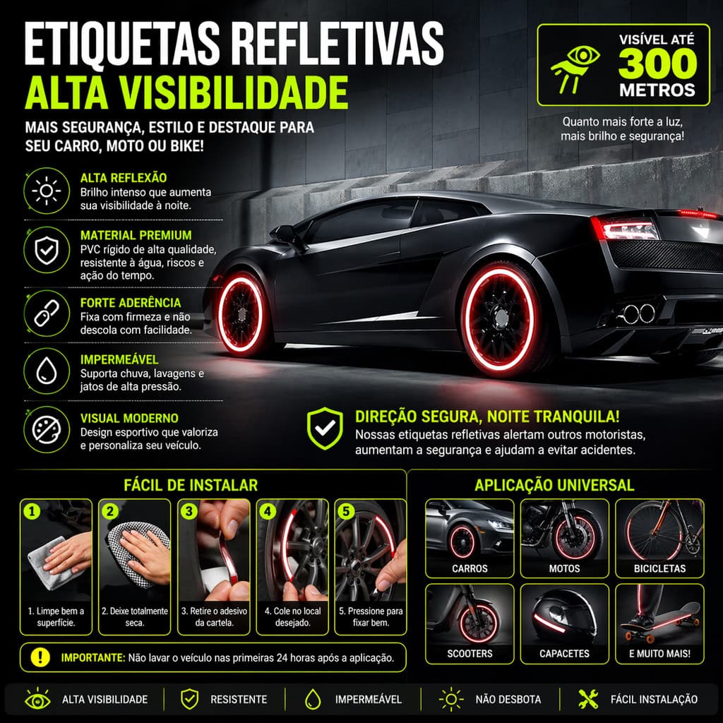 Adesivo Refletivo para Carro Moto Bike 20 peças até 300m de Visibilidade