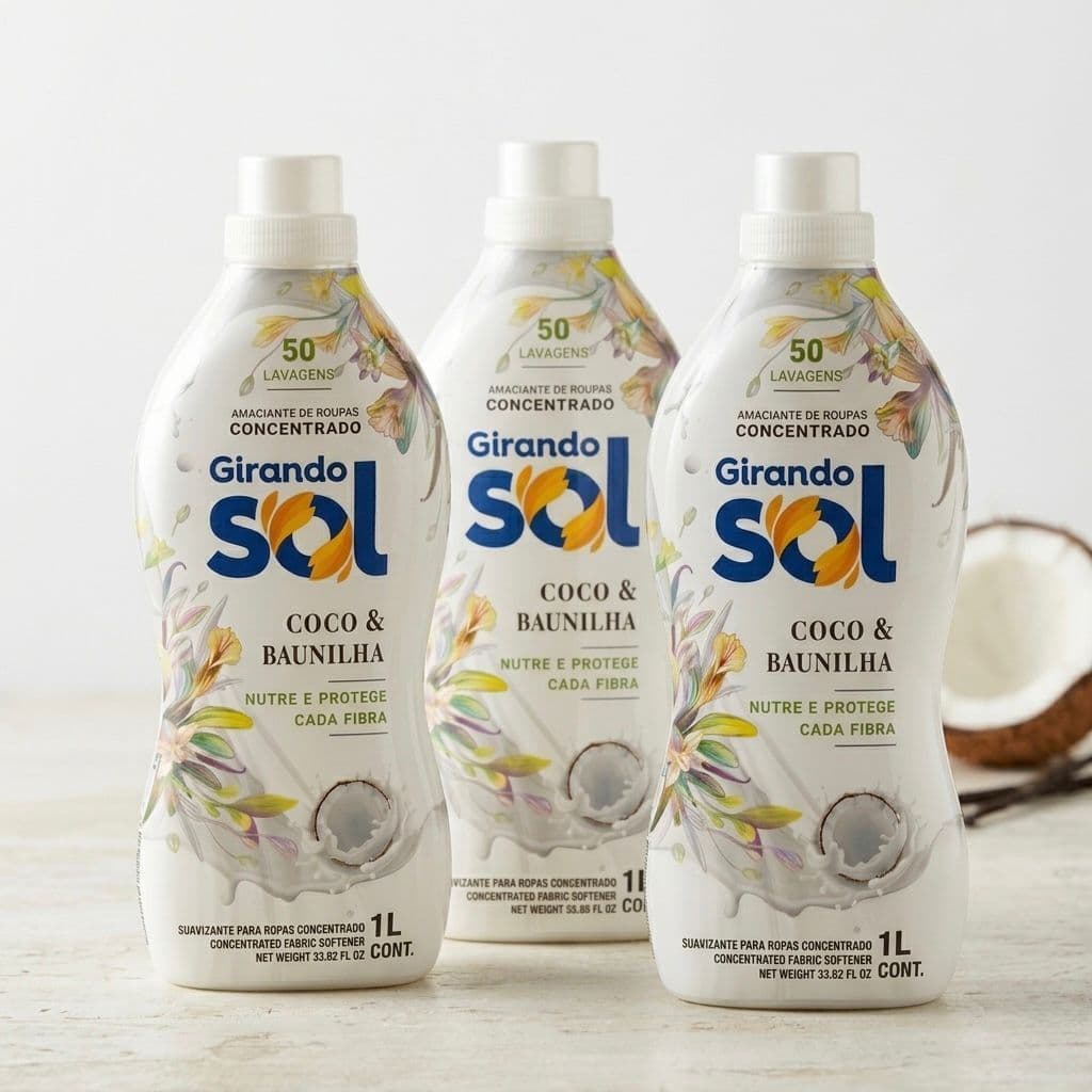 Kit 3 Amaciantes Concentrado Girando Sol Coco E Baunilha 1 Litro - Rende até 50 Lavagens Cada Litro