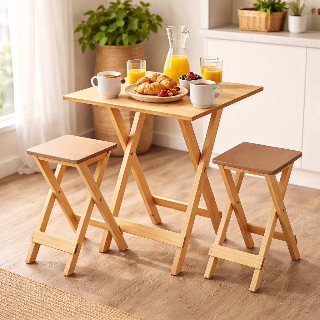Conjunto Mesa Compacta com 2 Banquetas – Madeira Natural para Ambientes Pequenos