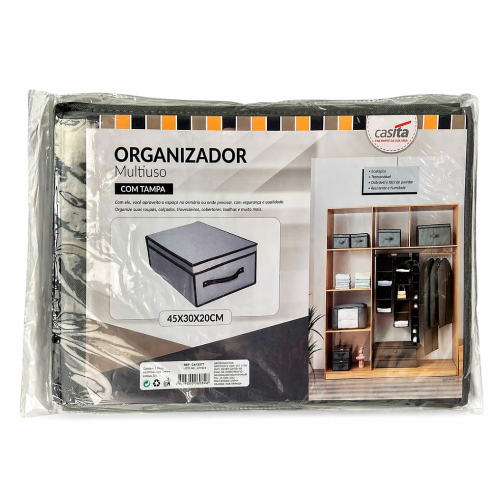 Organizador Multiuso com Tampa 45x30x20cm Closet Casa Casita