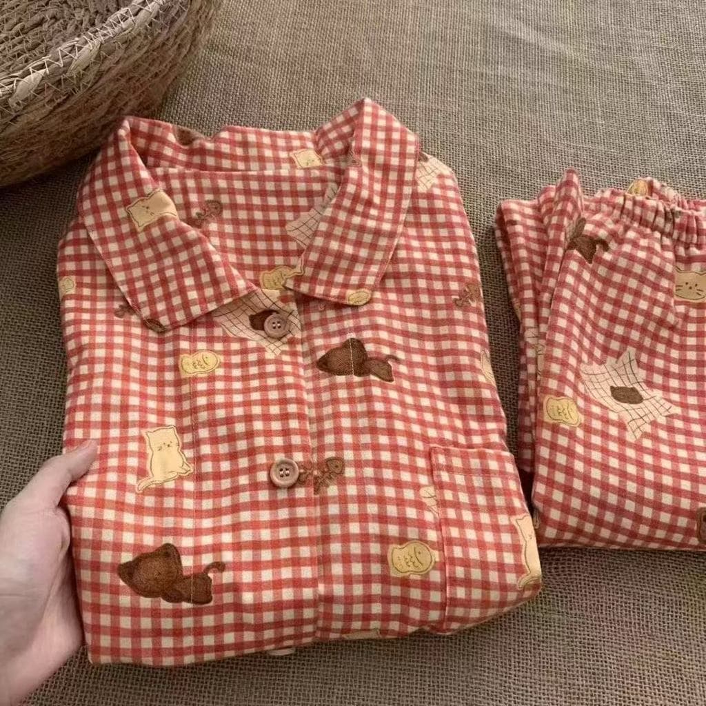 Pijama Xadrez Vintage Com Gola Concha , Manga Comprida , Calça Algodão , Roupa De Dormir