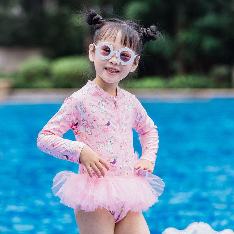 Crianças maiô 2025 meninas moda verão manga comprida protetor solar maiô gaze saia estilo fada princesa estilo
