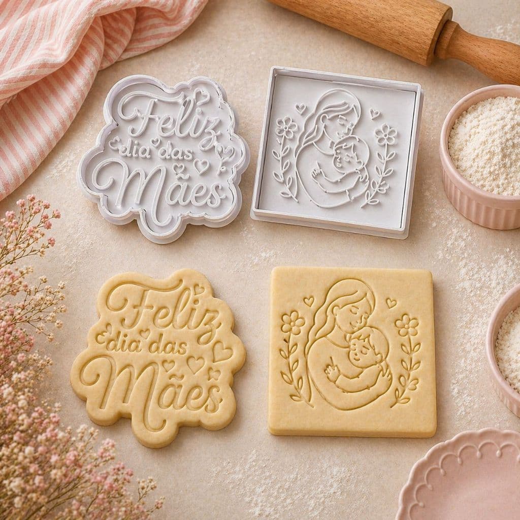 Jogo de Cortadores para Biscoitos Dia das Mães Personalizados com Carimbo e Relevo Kit Econômico