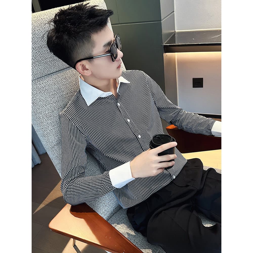 High-End listrado camisa de manga comprida masculina primavera Street Wear rufião bonito contraste cor camisa 2025 novo