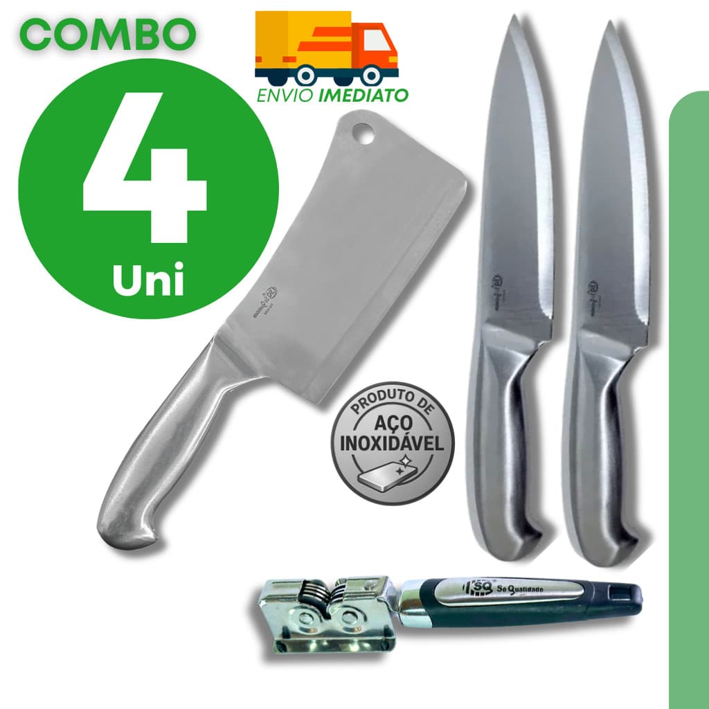 Kit Cutelo Faca Peixeira e Afiador de Facas em Aço Inox para Açougue Churrasco e Restaurantes