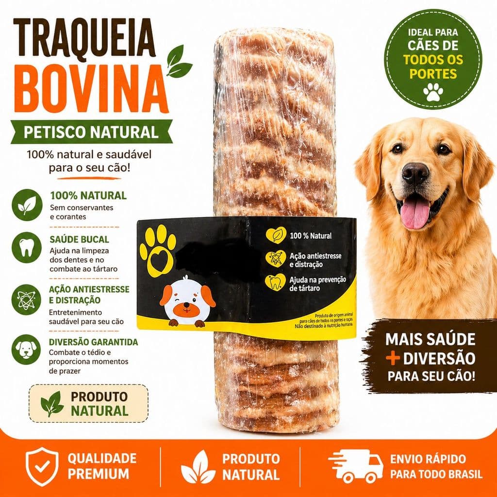 Petiscos para Cachorro Natural Traqueia Bovina Desidratada