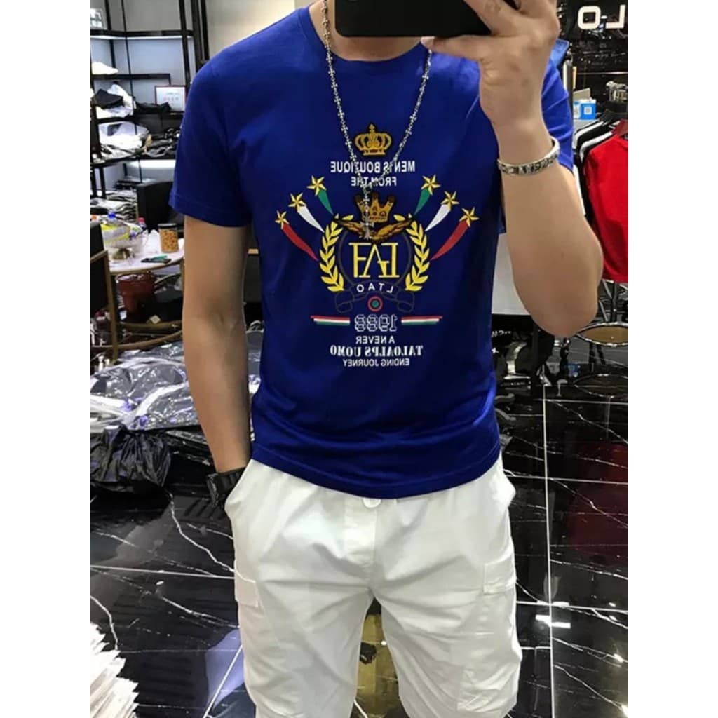 Estação europeia camiseta masculina de manga curta algodão mercerizado 2026 verão novo estilo coroa impressa Slim-Fit em