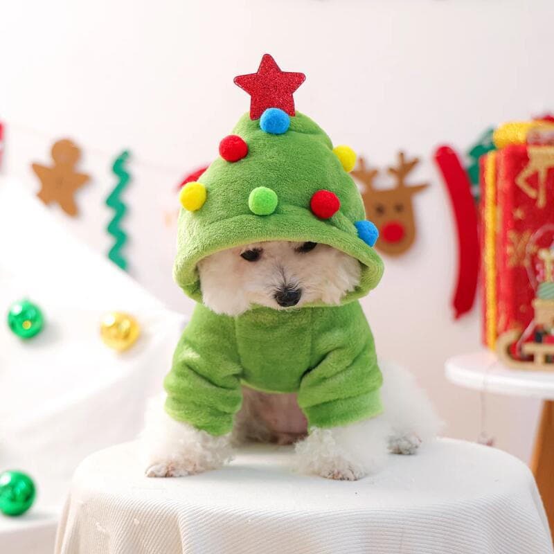 Dia De Natal Roupas Para Animais De Estimação Suéter Verde Fofo Árvore Confortável E Quente Com Capuz Gato