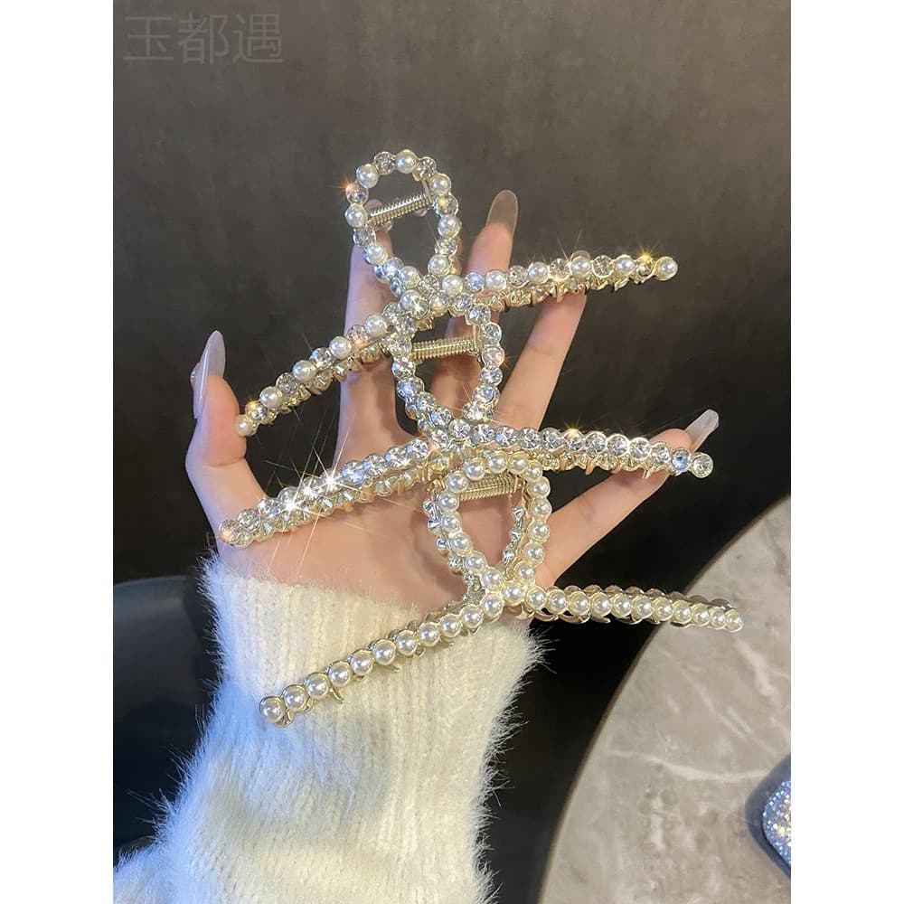 Grampo de cabelo de diamante piscante de pérola francesa feminino cabeça traseira grande clipe de cabelo tubarão adequad