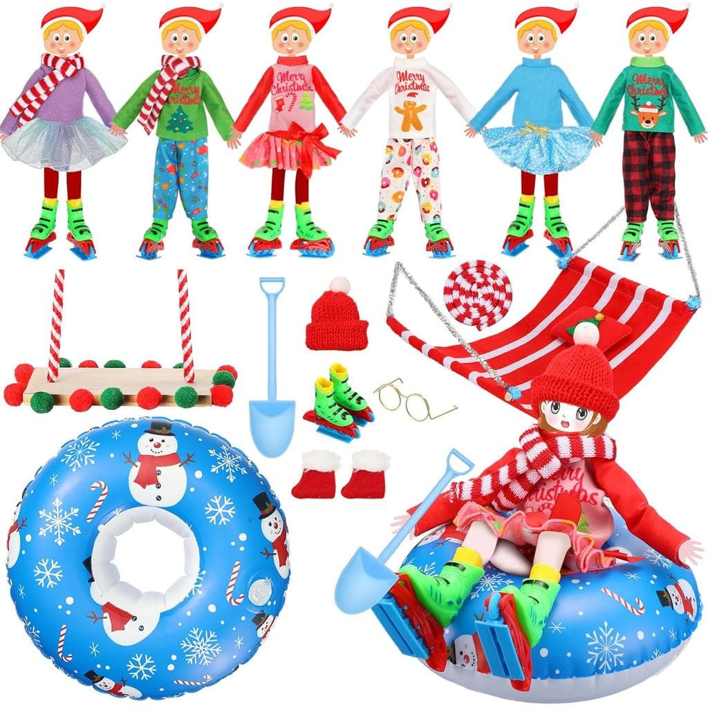 Conjunto de 15 Acessórios para Bonecas de Natal Inclui Fantasia, Balanço, Pá, Cachecol, Óculos, Patins, Meias, Rede, Cha