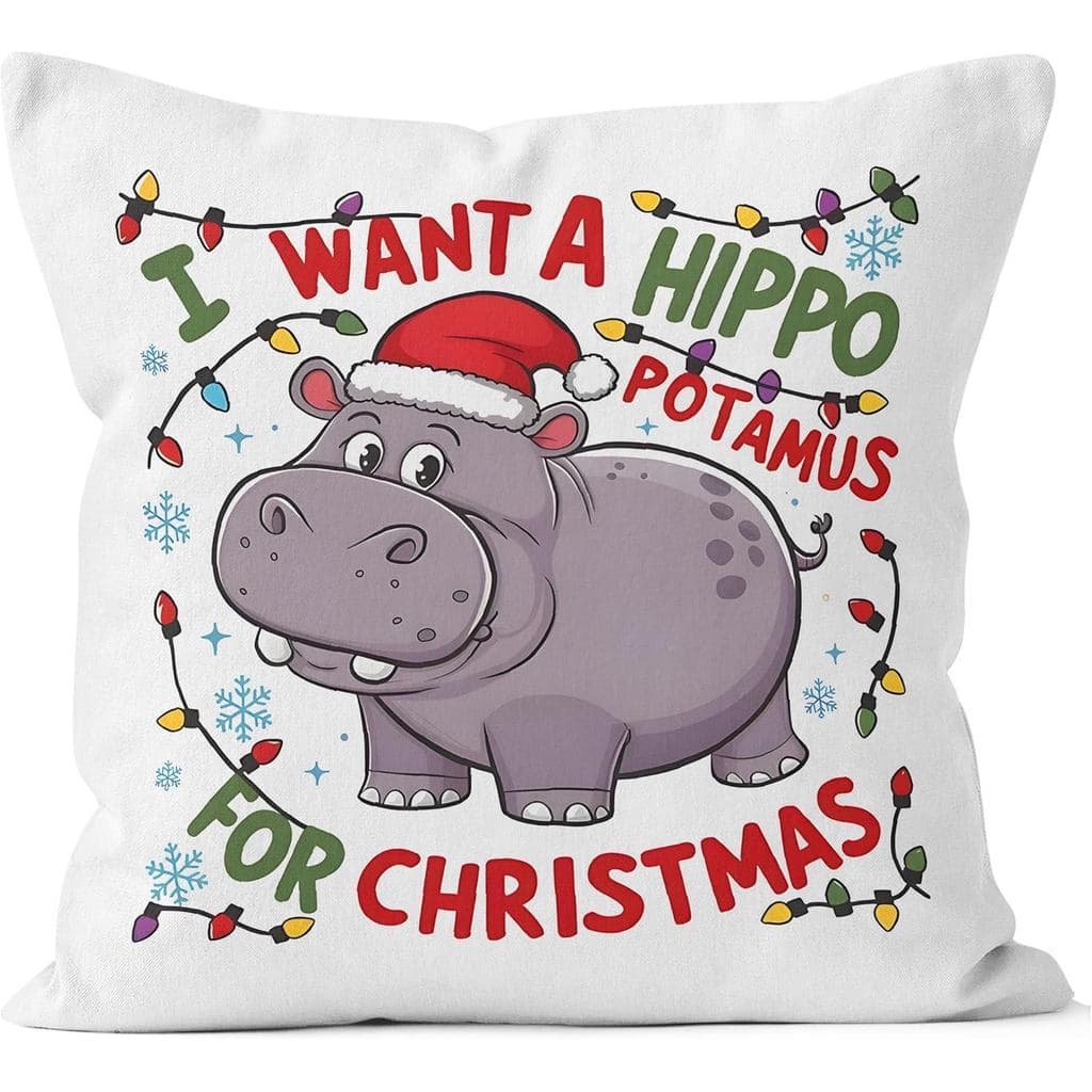 Capas de Almofada "Quero um Hipopótamo para o Natal" 18x18, Presentes de Hipopótamo, Capas Decorativas para Almofadas co