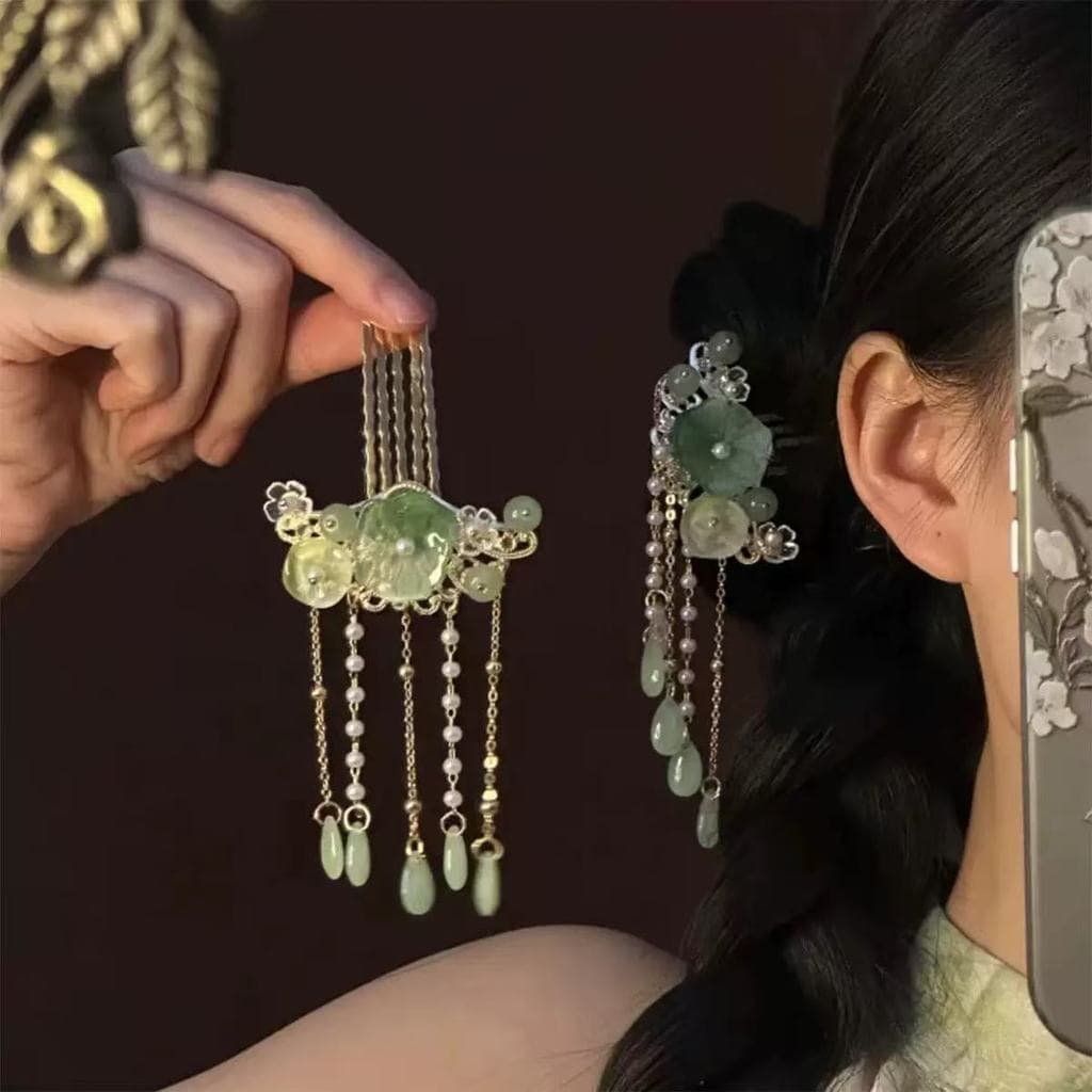 Novo estilo chinês verde lótus borla inserção pente hairpin antigo Cheongsam Hanfu hairpin Headdress
