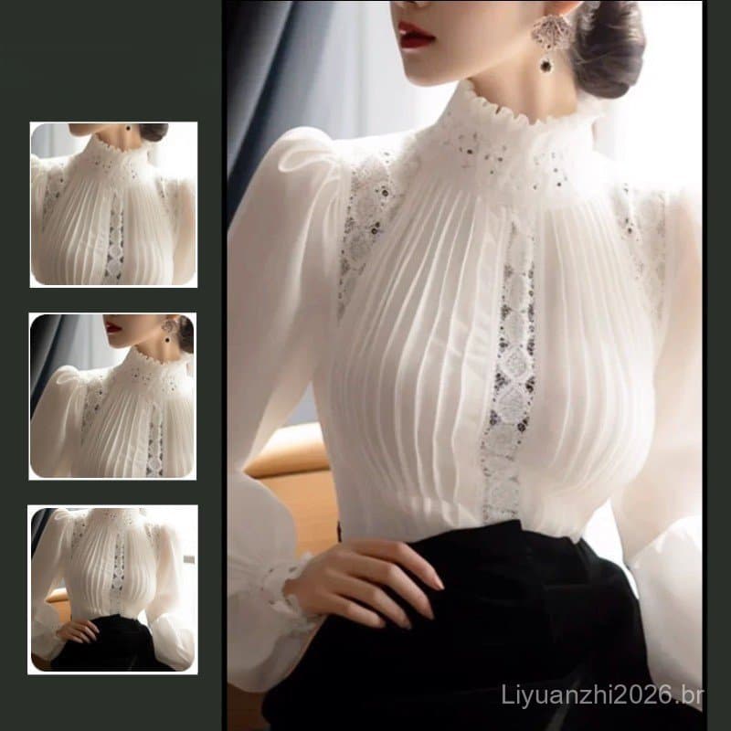 Camisa feminina de primavera com detalhes de renda e patchwork, estilo coreano, cor sólida, com gola JIPQ F5YR