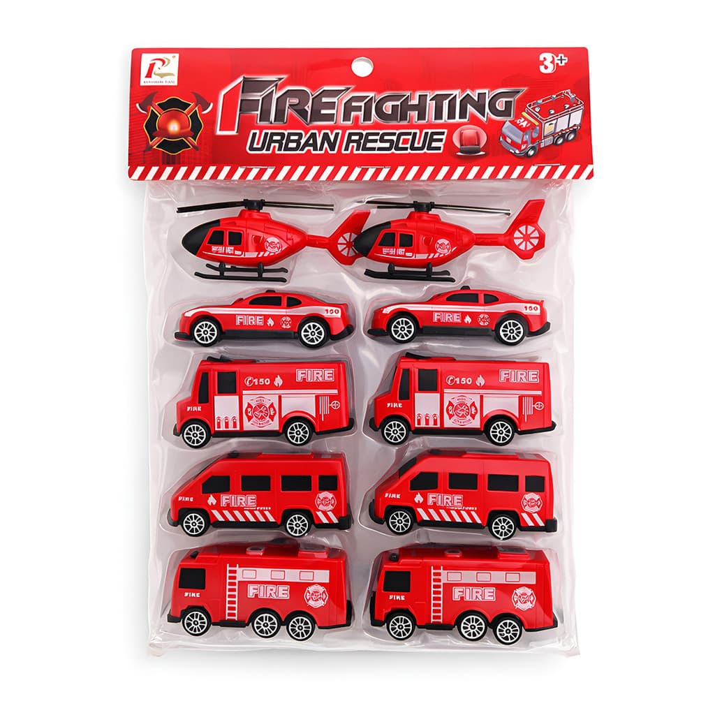 Brinquedo Kit 10 Carrinhos Bombeiro Vermelho Fire Fighting
