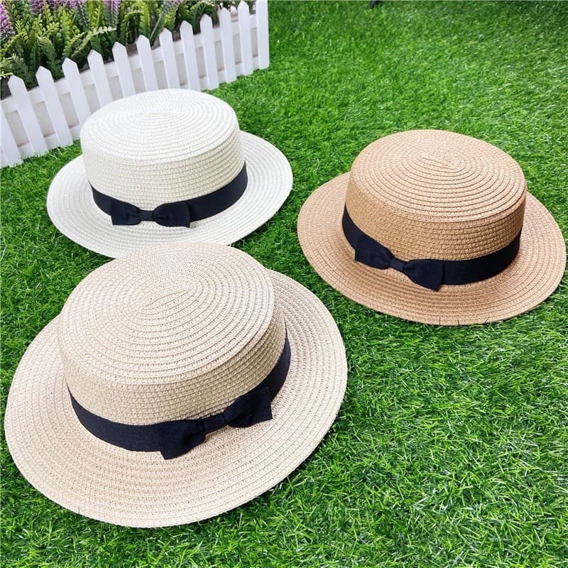Chapéu de Palha Plano Estilo Boater com Laço para Meninas, Chapéus de Verão para Mulheres, Chapéu de Palha Panamá Plano