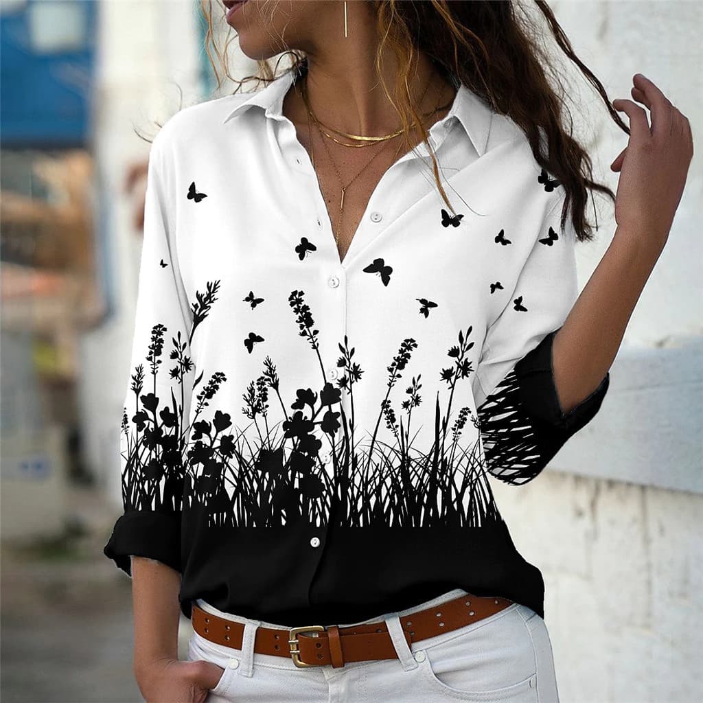 Temperamento Camisa Solta Moda Casual Mulher Camisas Novas Impressas Roupas Femininas