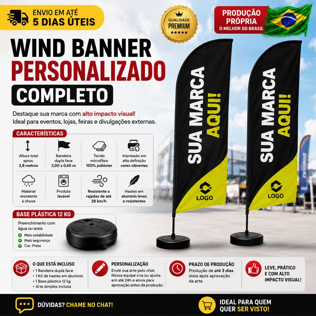 Wind Banner Personalizado Completo 2,8 Metros Completo com Impressão Dupla Face