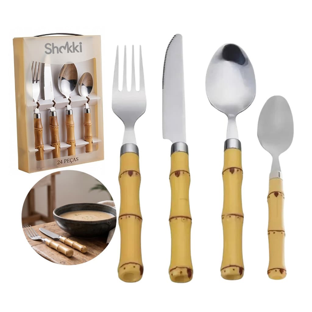 Faqueiro Jogo Talheres Bambu 24 Peças Aço Inox Garfo Faca Colher Para Mesa Cozinha Premium Shokki<