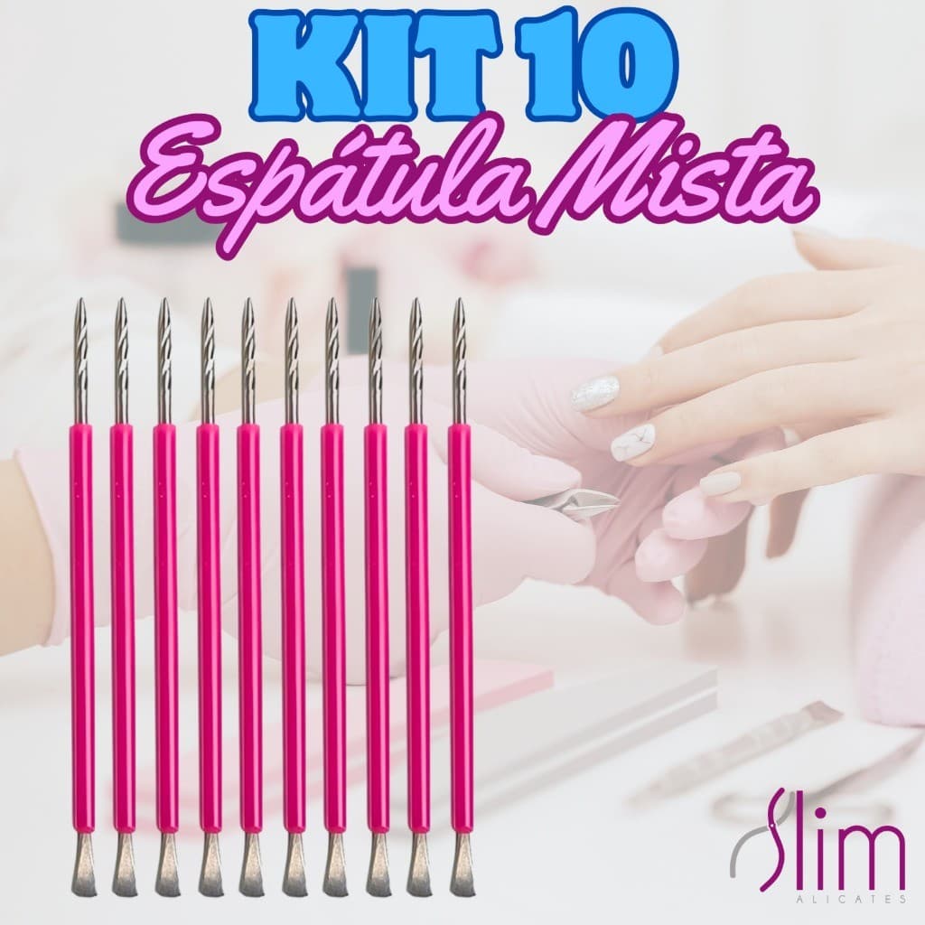 Kit 10 Espátulas Slim - Bastão Mista Unha Inox Com Silicone Cutelaria Manicure