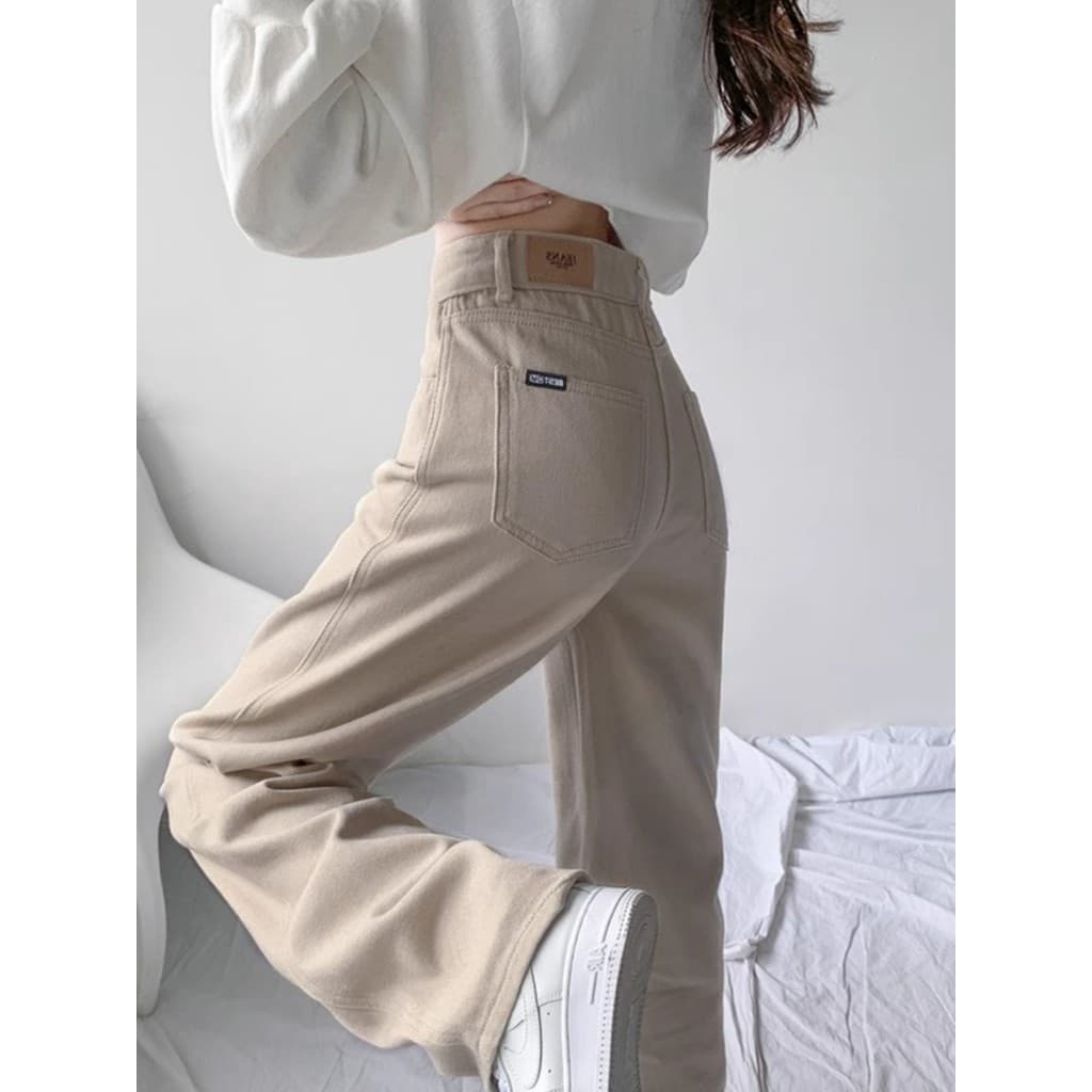Calças de brim retas estreitas femininas primavera outono roupas femininas 2025 novo estilo cintura alta cáqui pequena p