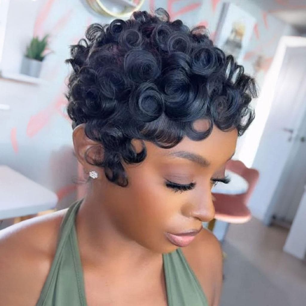 Perucas Pixie Curtas para Mulheres Negras, Perucas Curtas Cacheadas para Mulheres Negras, Perucas de Cabelo Sintético co