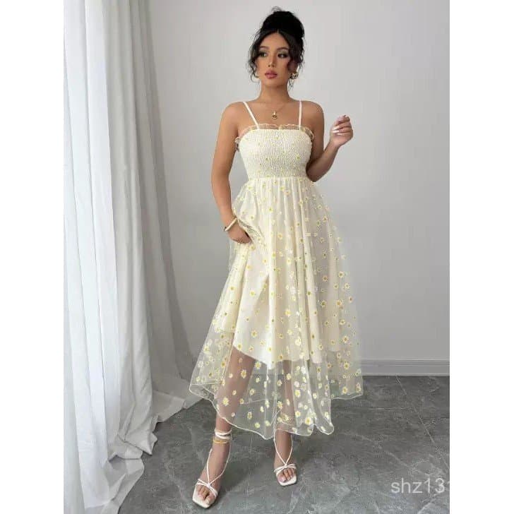 Retro Francês Cintura Plissada Malha Vestido Daisy Little Daisy Promoção Vestido WV1O XGUG CBH8