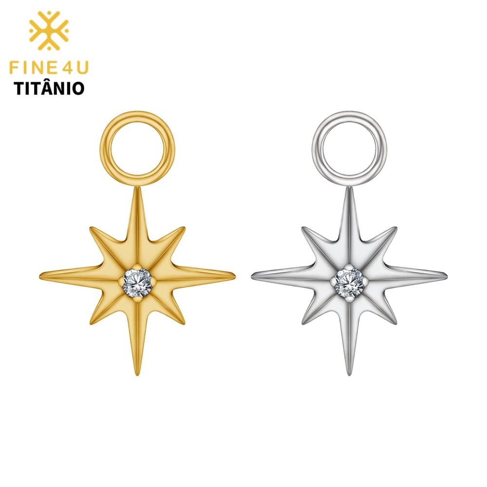 FINE4U ASTM F136 Titânio Starburst CZ North Star Charm Pendant Para Brincos De Abraço De Argola