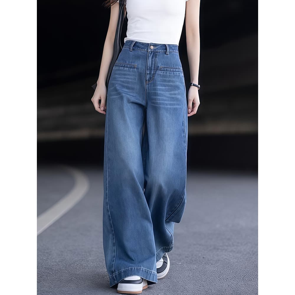 Azul Retro cintura alta perna larga Jeans feminino primavera novo estilo forma pêra mais magro olhar calças não Leggings