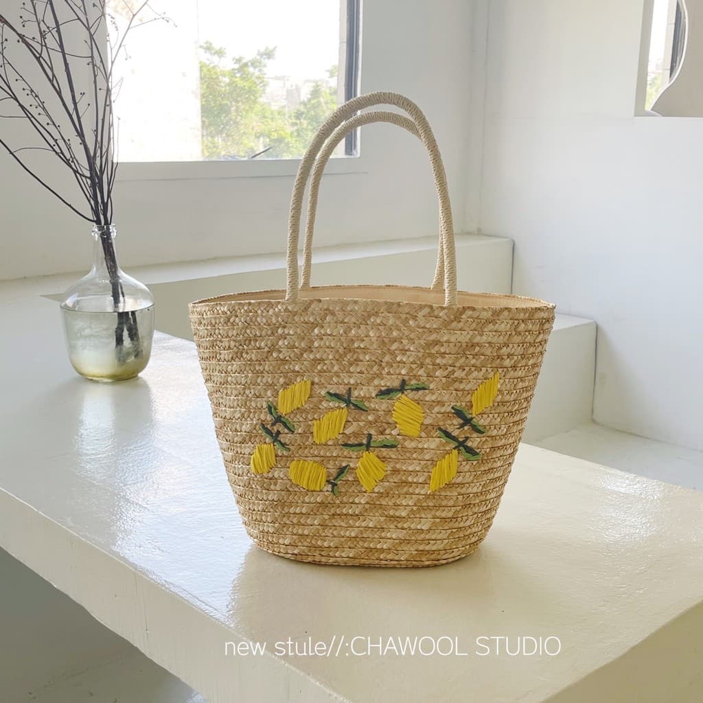 CHAWOOL Bolsa de palha bordada com limão artesanal, grande capacidade, portátil, tecido, francês, um ombro, à beira-mar,