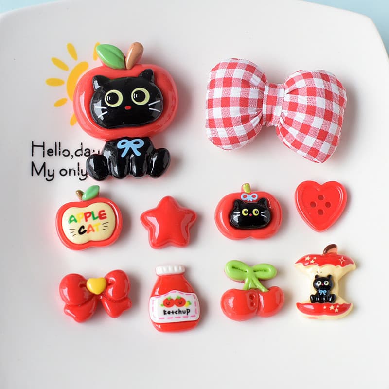 10 Pçs/Set Apple Cat Conjunto Resina Flatbacks Acessórios Para Fazer De Cabelo Padrões De Sapato Materiais Artesanais Ar