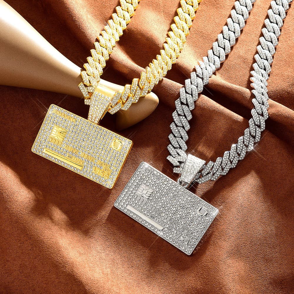 Novo Colar de Cart茫o de Banco com Diamantes, Pingente Hip Hop, Liga de Diamante de 脕gua, Corrente Cubana