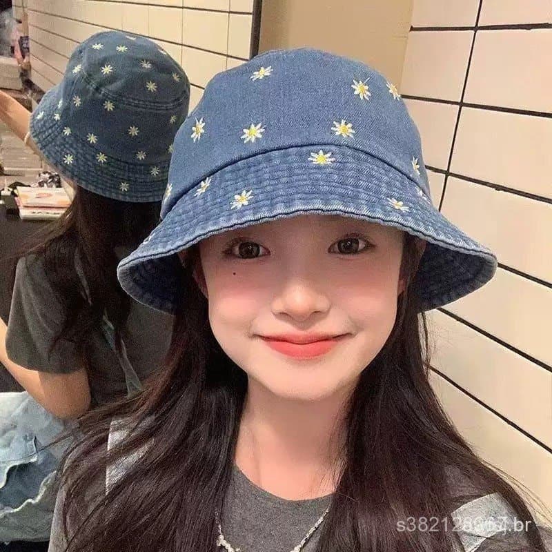 Chapéu de Pescador Coreano Estilo Retrô Com Bordado de Margarida Jeans Lavad