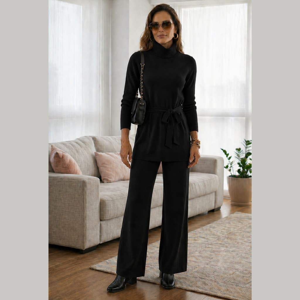 Conjunto Aura - Blusa Gola Alta Manga Longa e Calça em Tricot Modal Cinto Faixa em Tecido Incluso Conforto Inverno Elegâ