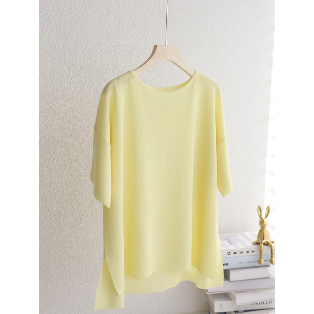Camiseta feminina de seda gelo manga curta comprimento médio bainha fenda camisola de malha verão exterior Wear
