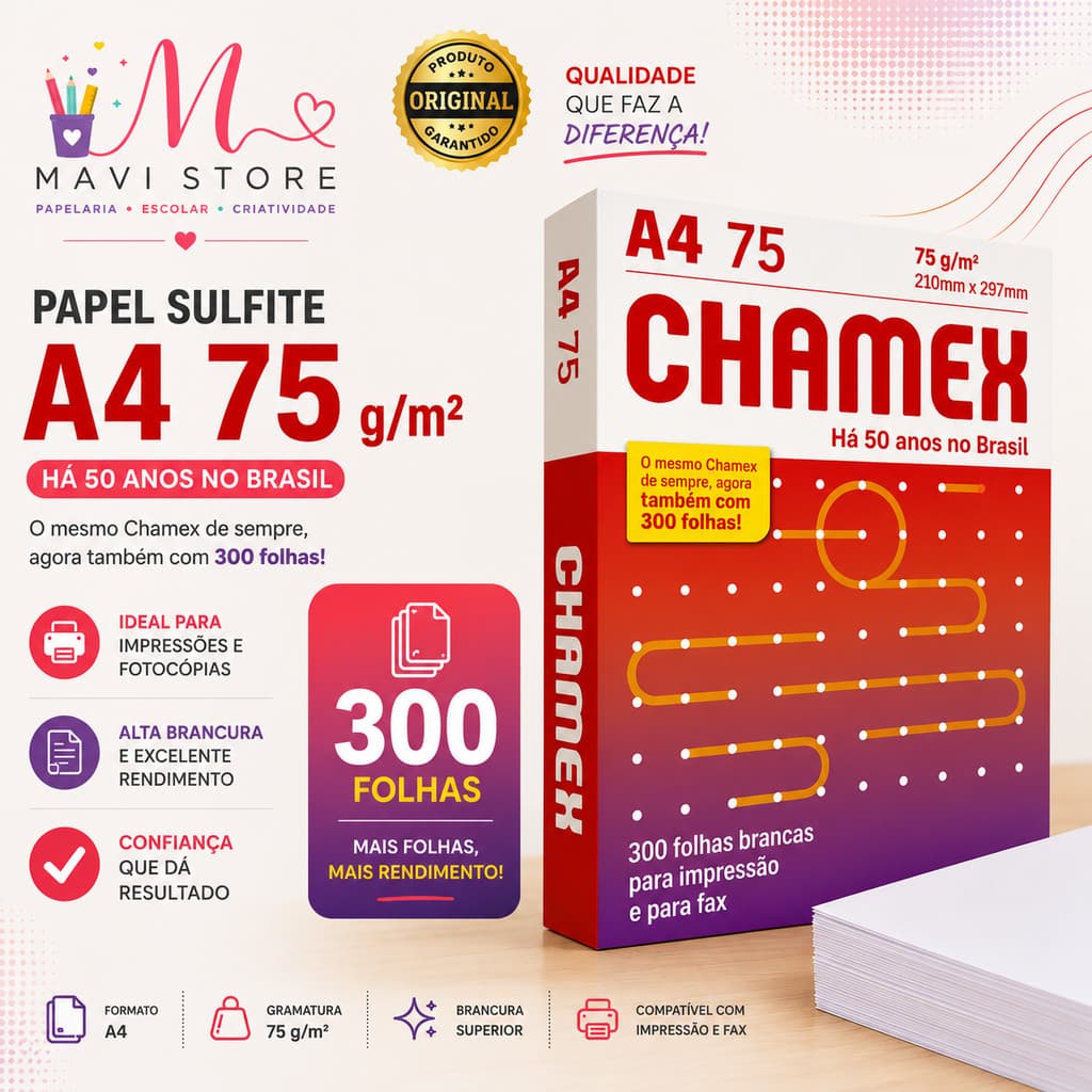 Papel Chamex A4 75g 300 Folhas Sulfite Branco Para Impressora