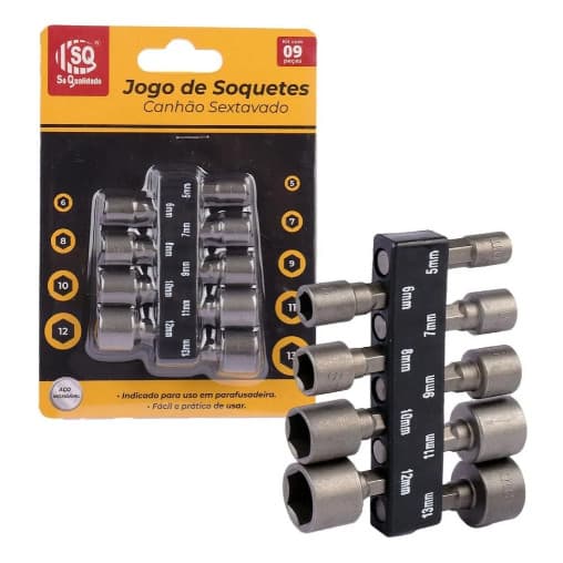 Jogo Com 9 Soquete Canhão Sextavado Parafusadeira 5mm a 13mm