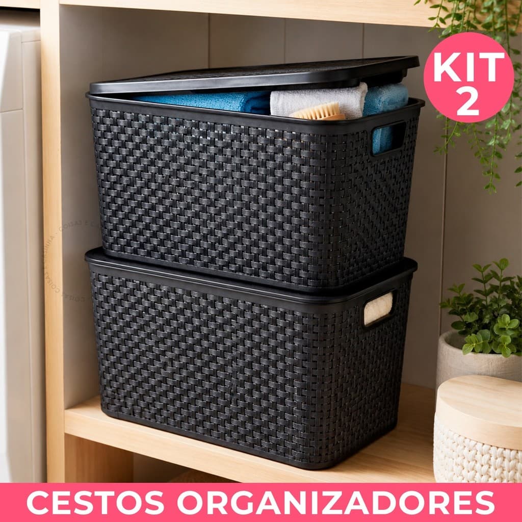 Cesto Organizador Ratan 20L São Bernardo com Tampa Preto Multiuso