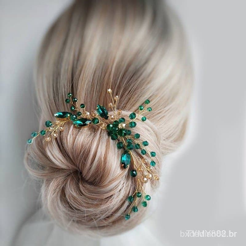 Encantador e elegante pente de cabelo com strass verde, acessório de cabelo feminino, adequado para decoração de festas