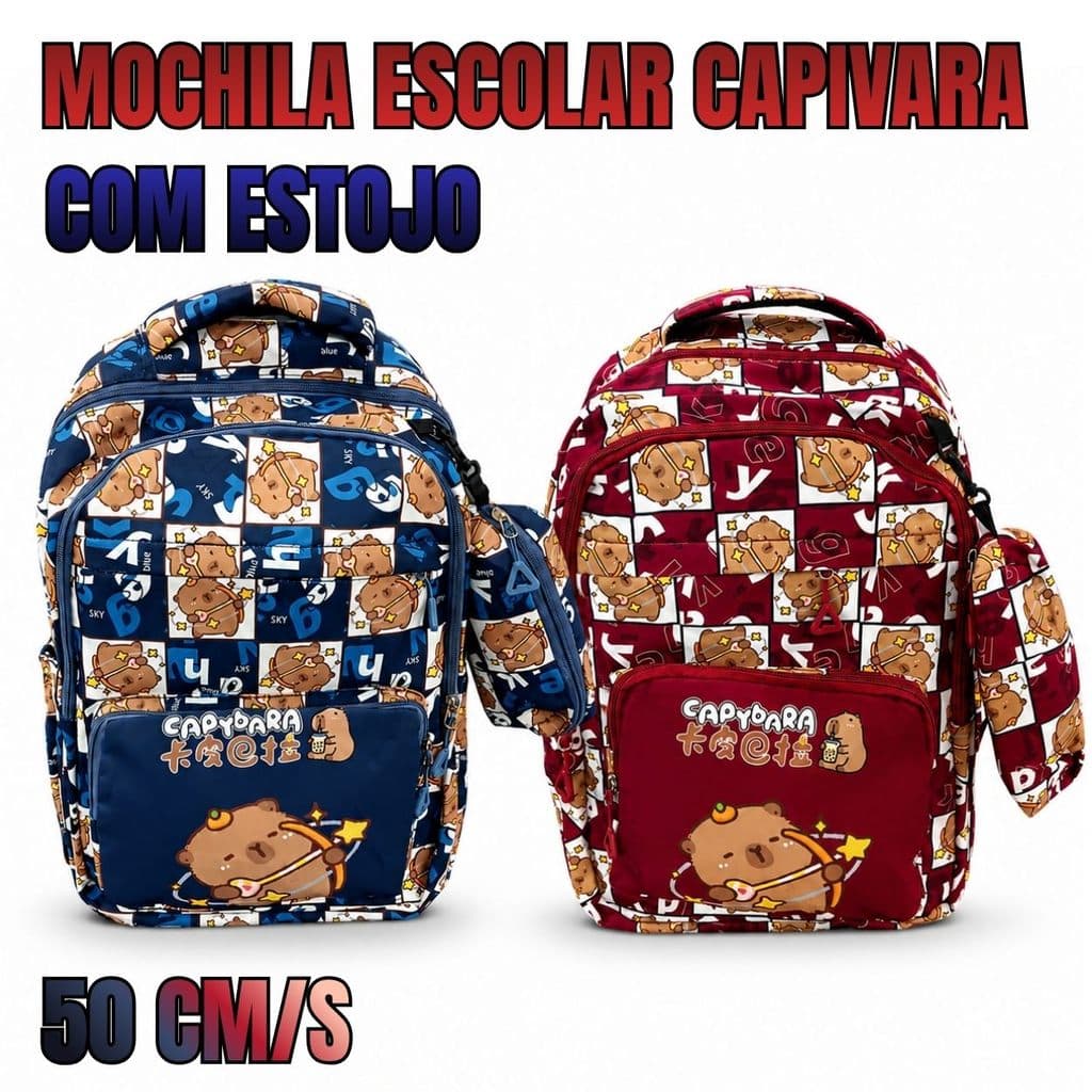 Mochila Escolar Capivara 50cm Unissex Com Estojo Zipado