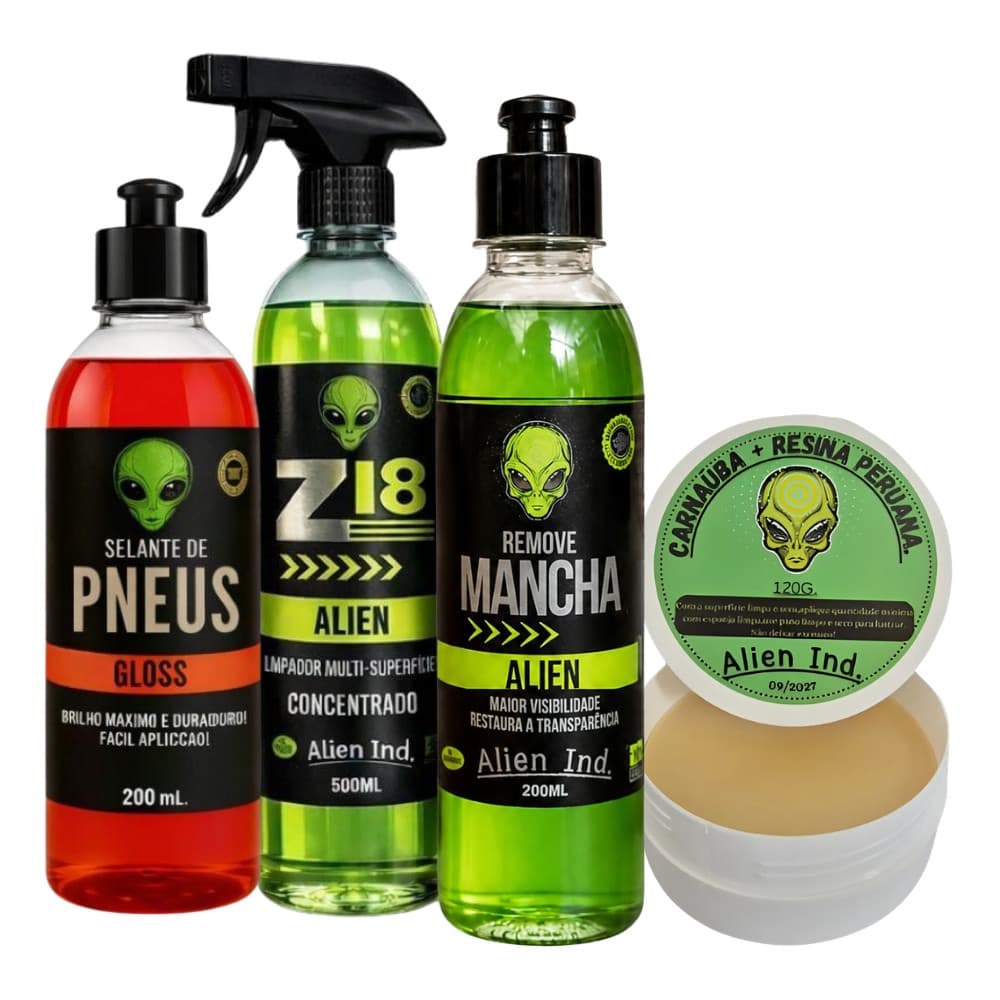 Kit 4 Produtos Automotivos Alien Cera Polidora Selante Pneu Plástico Removedor Manchas Vidros