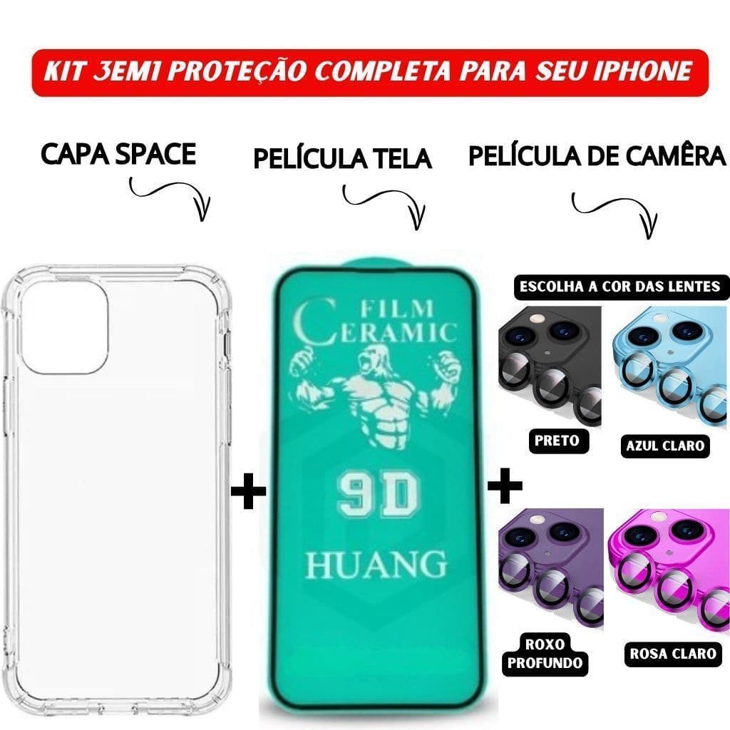 Kit 3em1 Capa Space + Película Cerâmica + Película Câmera Colorida iPhone 11 12 13 14 15 16 Pro Max - Avatar